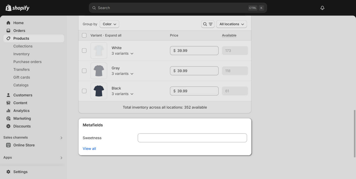 The Products Metafields area in Shopify admin.