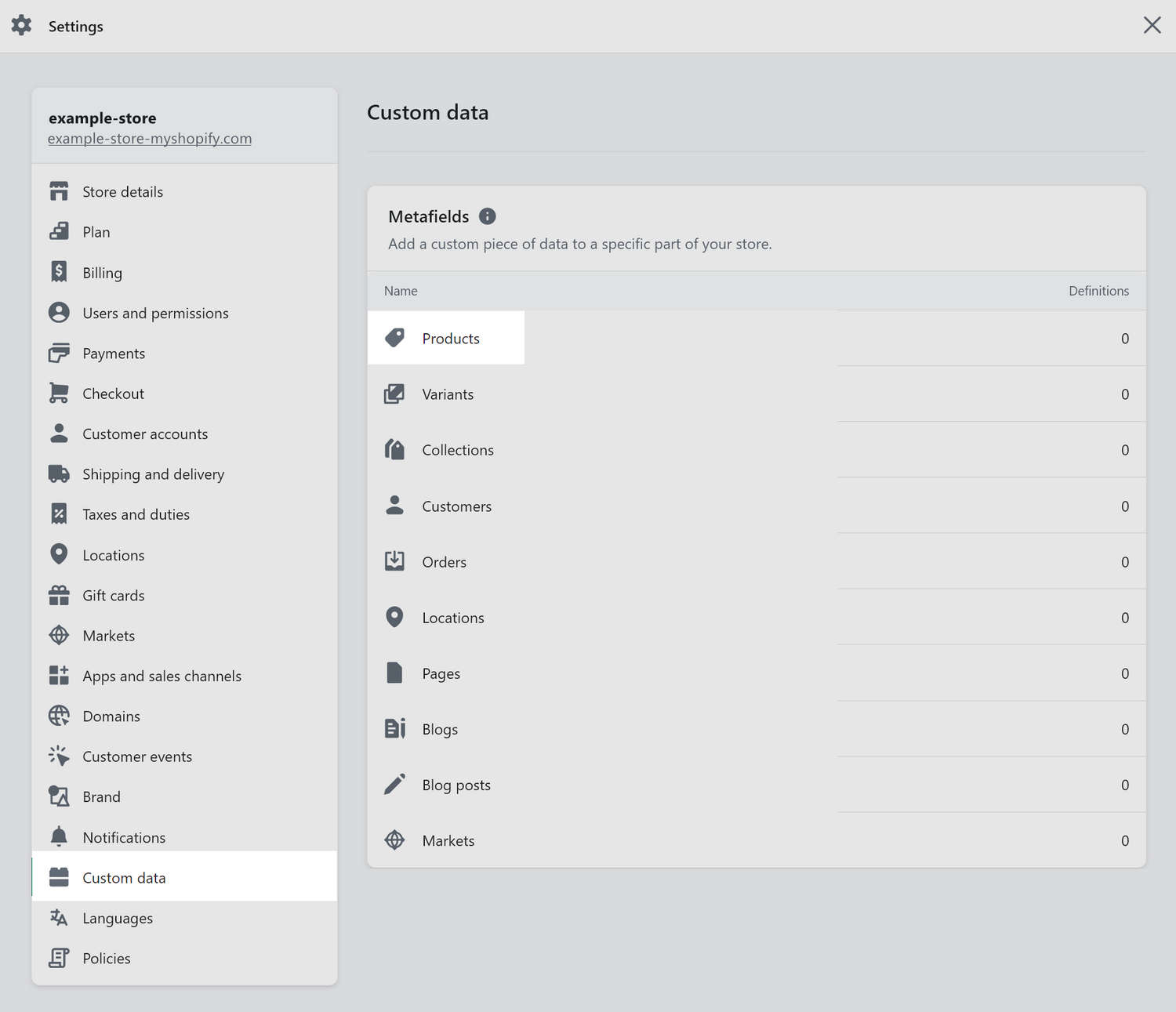 The Shopify admin settings menu.