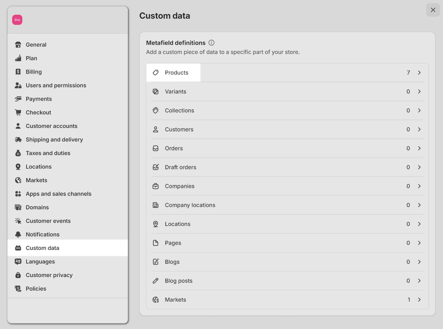 The Shopify admin settings menu.