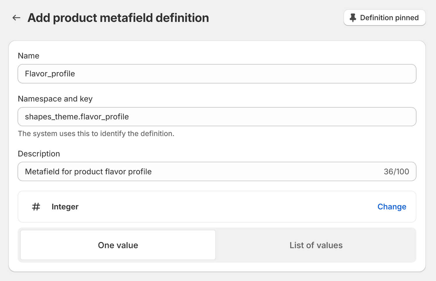 Example of the metafield settings for an integer in Shopify admin.