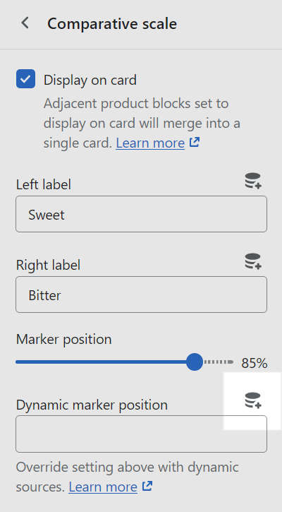 The Insert dynamic source icon inside the block settings menu for a Comparative scale block.