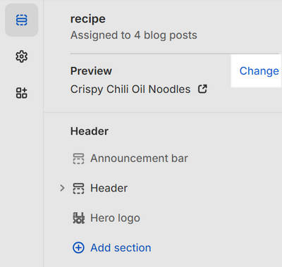 The Theme editor Sections menu, with the Preview area's Change option selected.