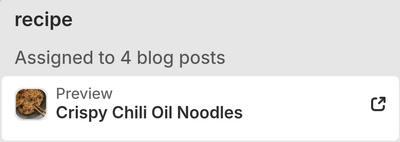 An example blog post article selected in the Theme editor.