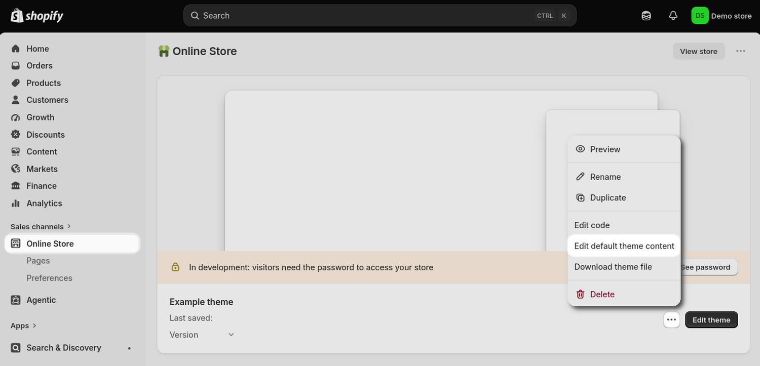 The Actions menu selected in Shopify admin.