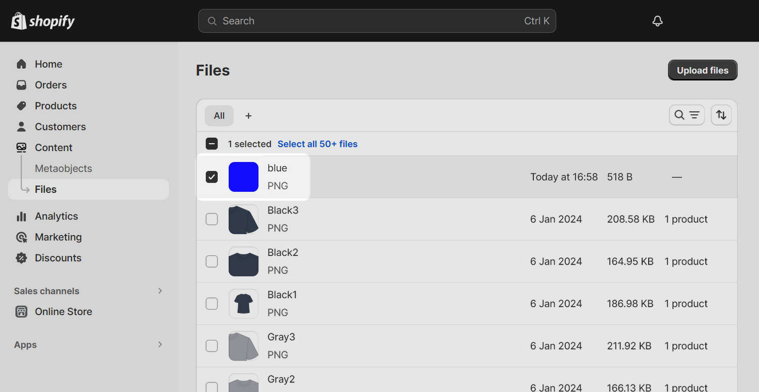 A png file uploaded and selected in the Files menu in Shopify admin.
