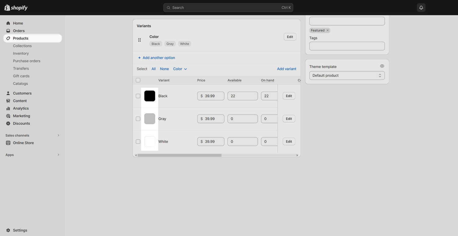 Example image files uploaded and selected in the Variants are of the Shopify admin Products page.