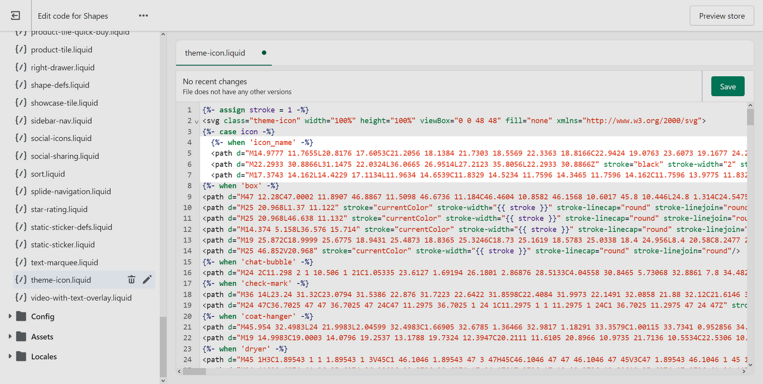 An example of custom icon code added to the theme-icon snippet in the Code editor.
