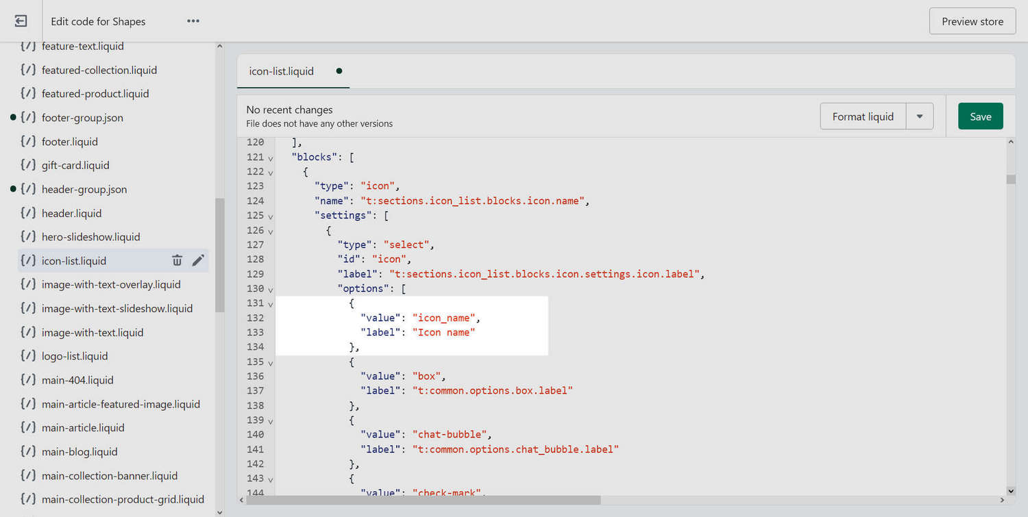 An example icon schema with new menu option added in the Code editor.