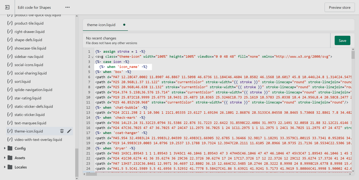 The case icon line inside the theme-icon.liquid file in the Code editor.
