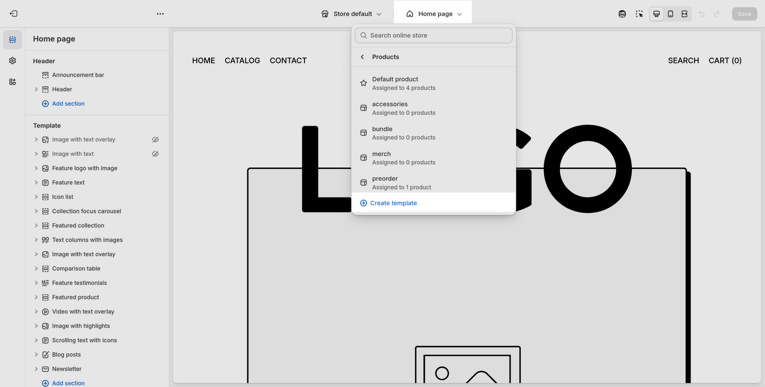 The Create template option selected in the page selector dropdown.