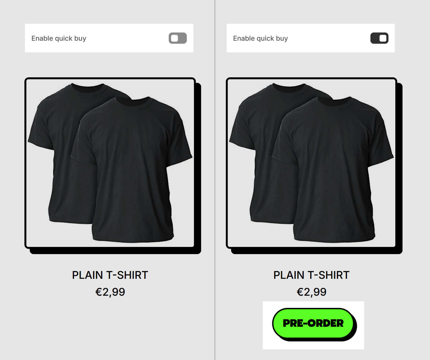 An example Featured product variants section with and without a "Pre-order" button.