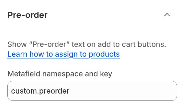 An example Metafield namespace and key in Theme editor's Theme settings menu.
