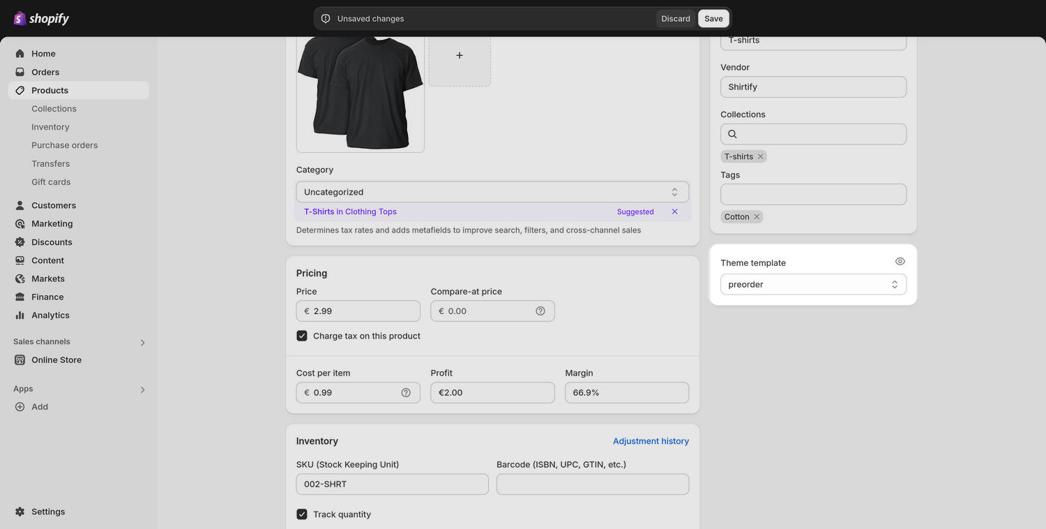 The Theme template dropdown selected in the Product editor.
