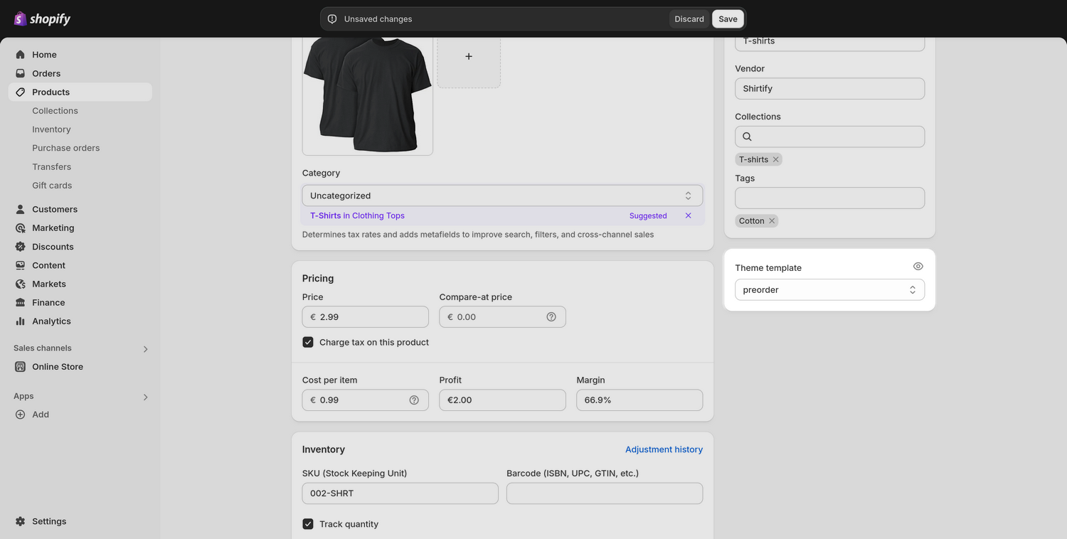 The Theme template dropdown selected in the Product editor.