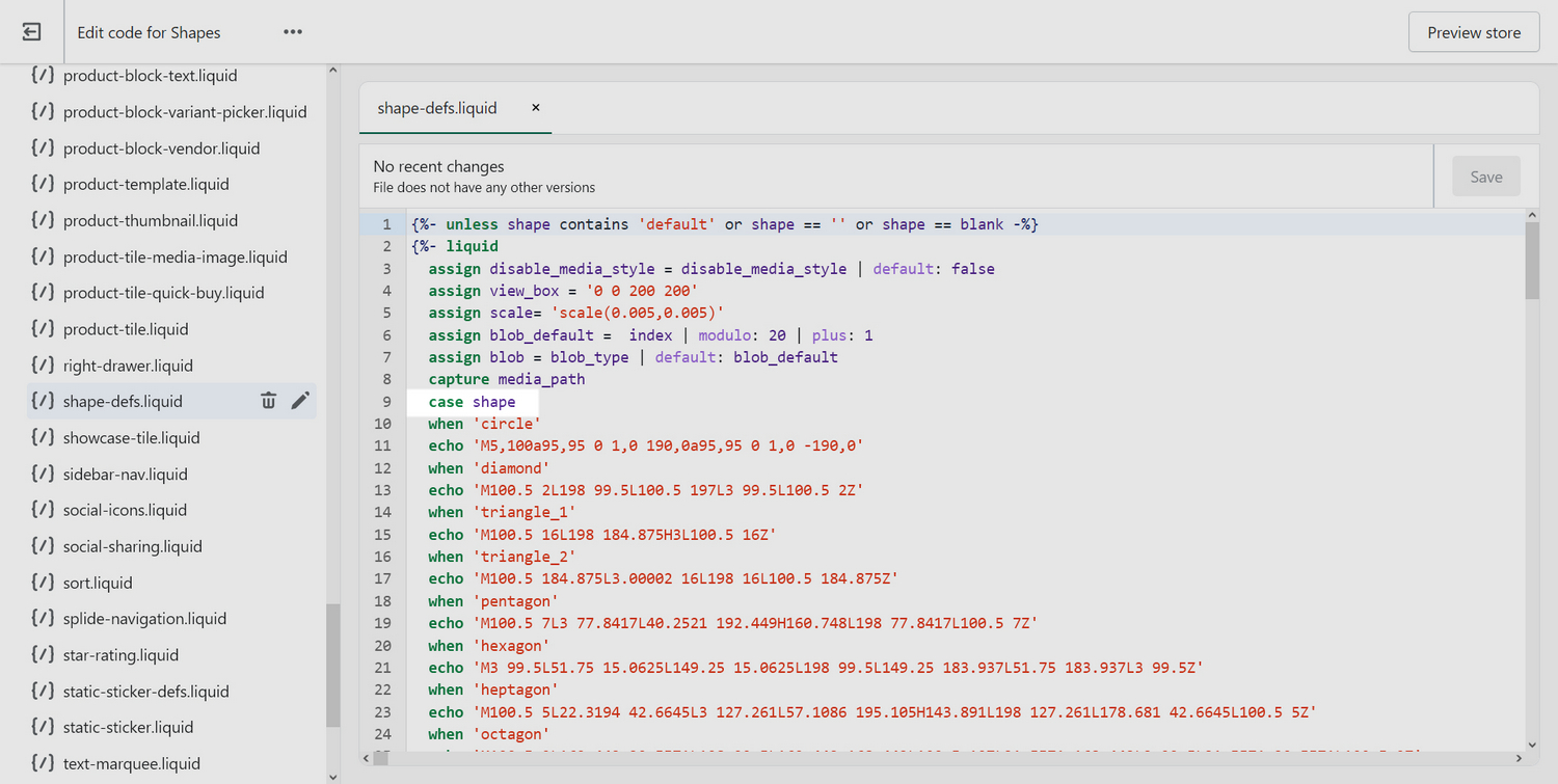 The shape-defs snippet file open in the Code editor.