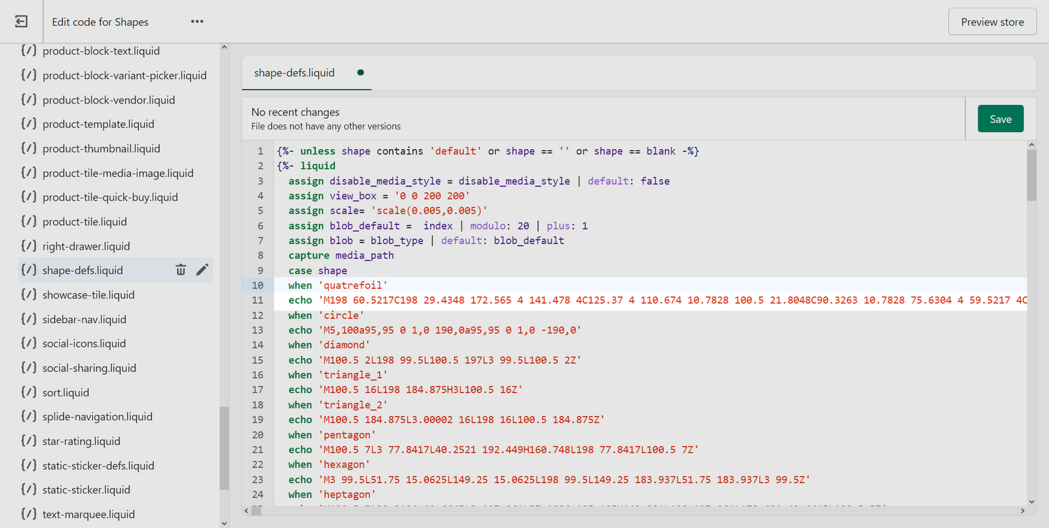 Code for an example custom shape added to the shape-defs file in the Code editor.