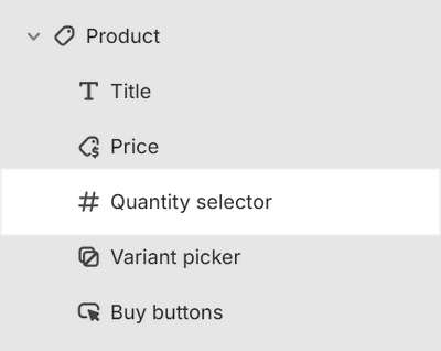 The Quantity selector block menu in Theme editor.