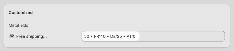 An example of a Free shipping threshold field with different values for each market in Shopify admin.