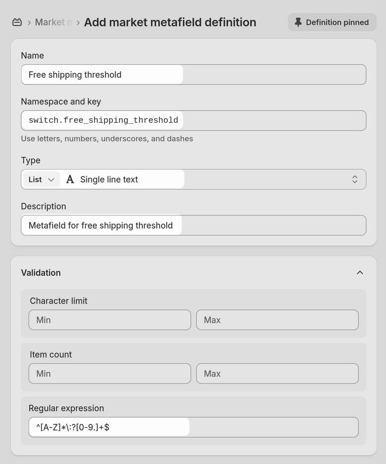 An example of a free shipping bar metafield definition.