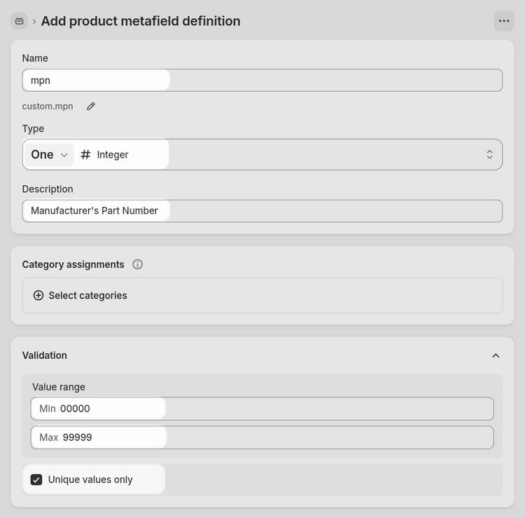 An example of a completed metafield definitions page in Shopify admin.