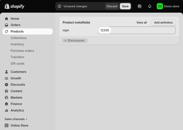 Example values in the metafields area for a product in Shopify's Product editor.