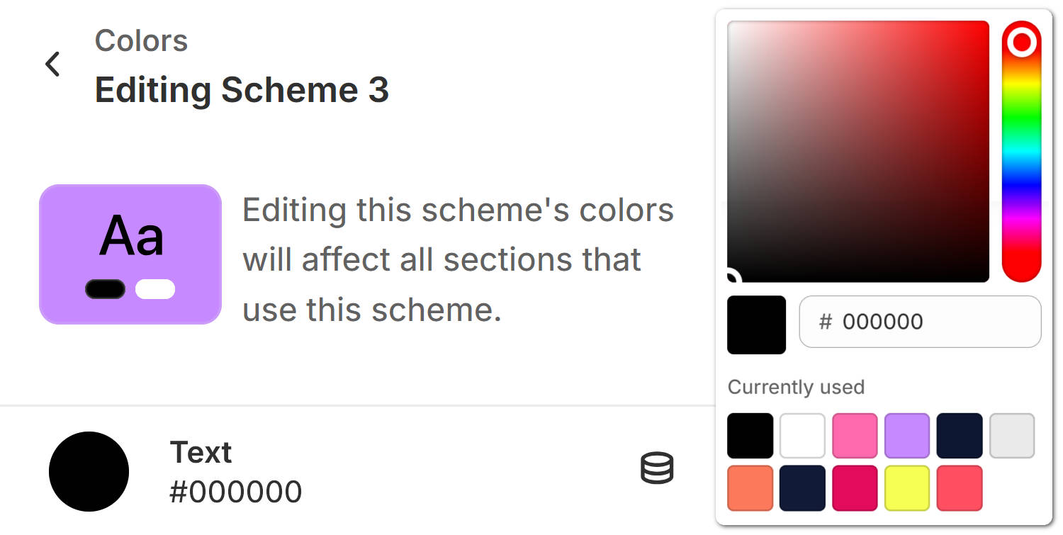 The Color scheme Theme settings for Shapes 3 in Theme editor.