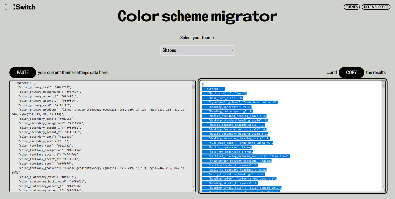 The Color scheme migrator web page with the Copy option selected.