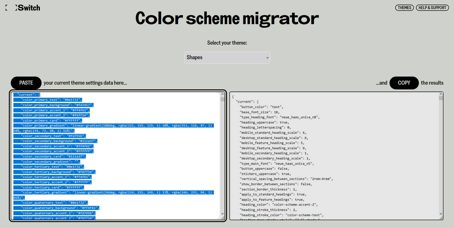 The Color scheme migrator web page with the Paste option selected.