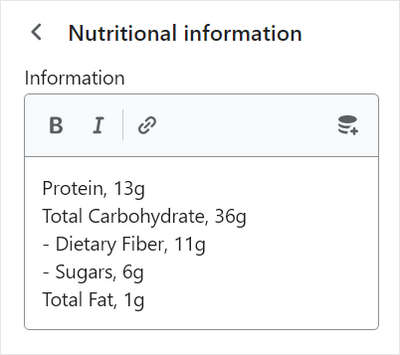 Text added into the Information text box for a Nutritional information block.