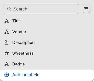 The Add metafield menu for a Nutritional information block in Theme editor.