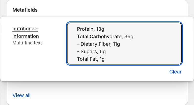 Example formatted nutritional information text in the text box for a custom nutritional information metafield in Product editor.