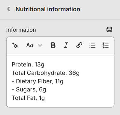 Text added into the Information text box for a Nutritional information block.