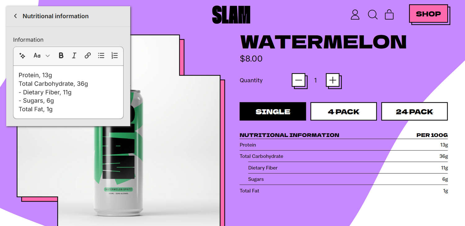 A Nutritional information block on a store's product page.