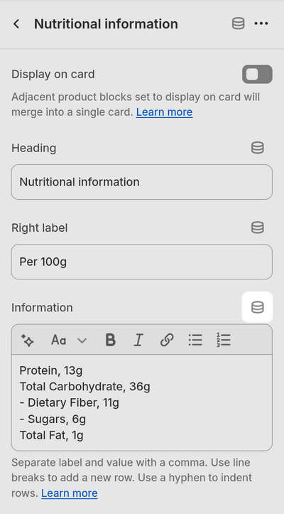 The Nutritional information block settings in Theme editor.