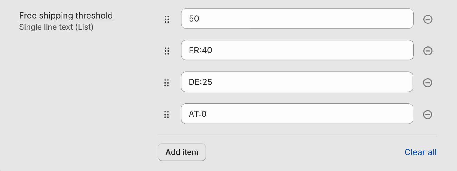 An example of a free shipping bar metafield definition.