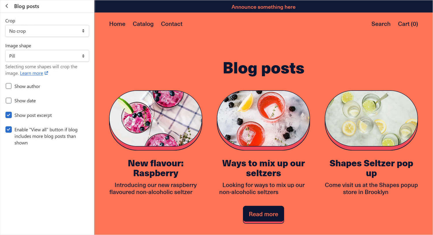 A blog posts section on a store's homepage in Theme editor.