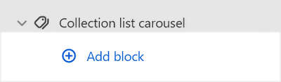 The Collection list carousel's Add block menu in Theme editor.