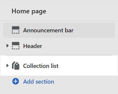 A collection list section selected in Theme editor.