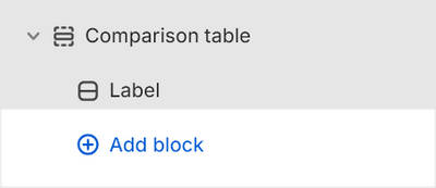 The Comparison table's Add block menu in Theme editor.