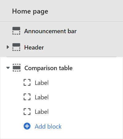 A Comparison table section selected in Theme editor.
