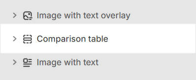 The Comparison table section selected in Theme editor.