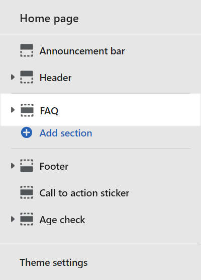 The FAQ section select in the Theme editor side menu.