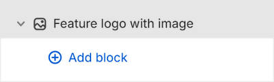 The Feature logo with image's Add block menu in Theme editor.