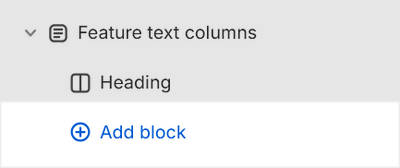 The Feature text columns's Add block menu in Theme editor.