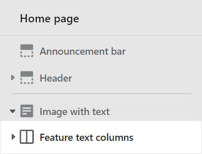 The Feature text columns section selected in the Theme editor side menu.