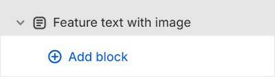 The Feature text with image's Add block menu in Theme editor.