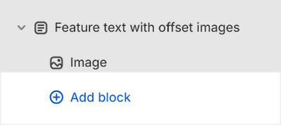 The Feature text with offset images's Add block menu in Theme editor.