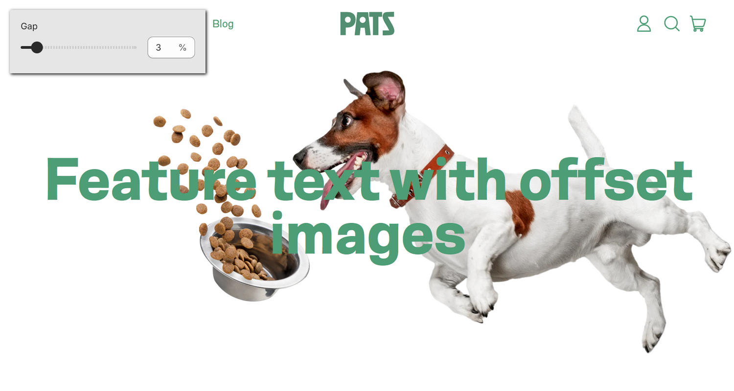 A Feature text with offset images section on a store's home page in Theme editor.