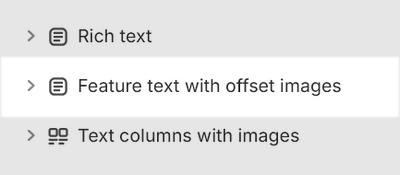 The Feature text with offset images section selected in Theme editor.