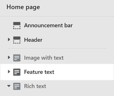Theme editor with a selected Feature text section.